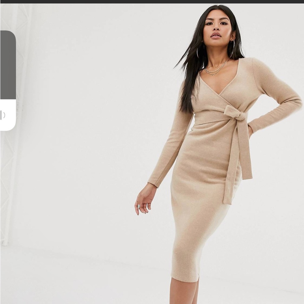 Asos Design Wrap Front Midi Dress in Camel